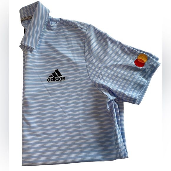 Adidas Men’s Stripe Polo Golf Shirt Light Blue and White Medium Mastercard Logo - Picture 1 of 8